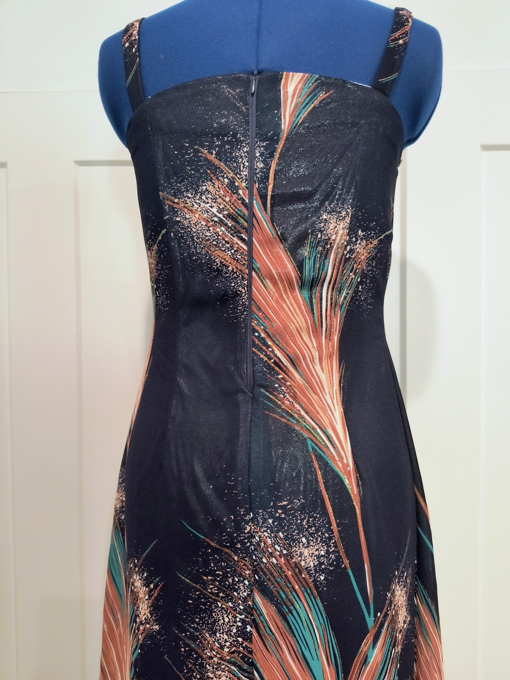 Navy Blue Maxi Dress with Coral & Teal Feather Print - Picture 6 of 7
